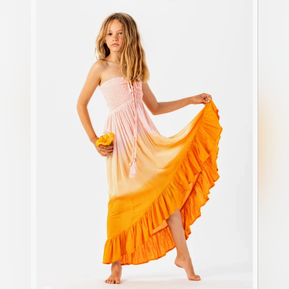 Tiare Hawaii Girls Ombre Pink to Orange Strapless Ruffle Maxi Dress